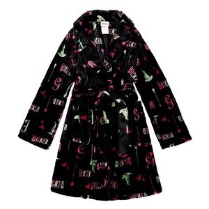 Wicked Girls Glinda and Elphaba Motifs Black Plush Soft Fleece Robe Size‎ 6